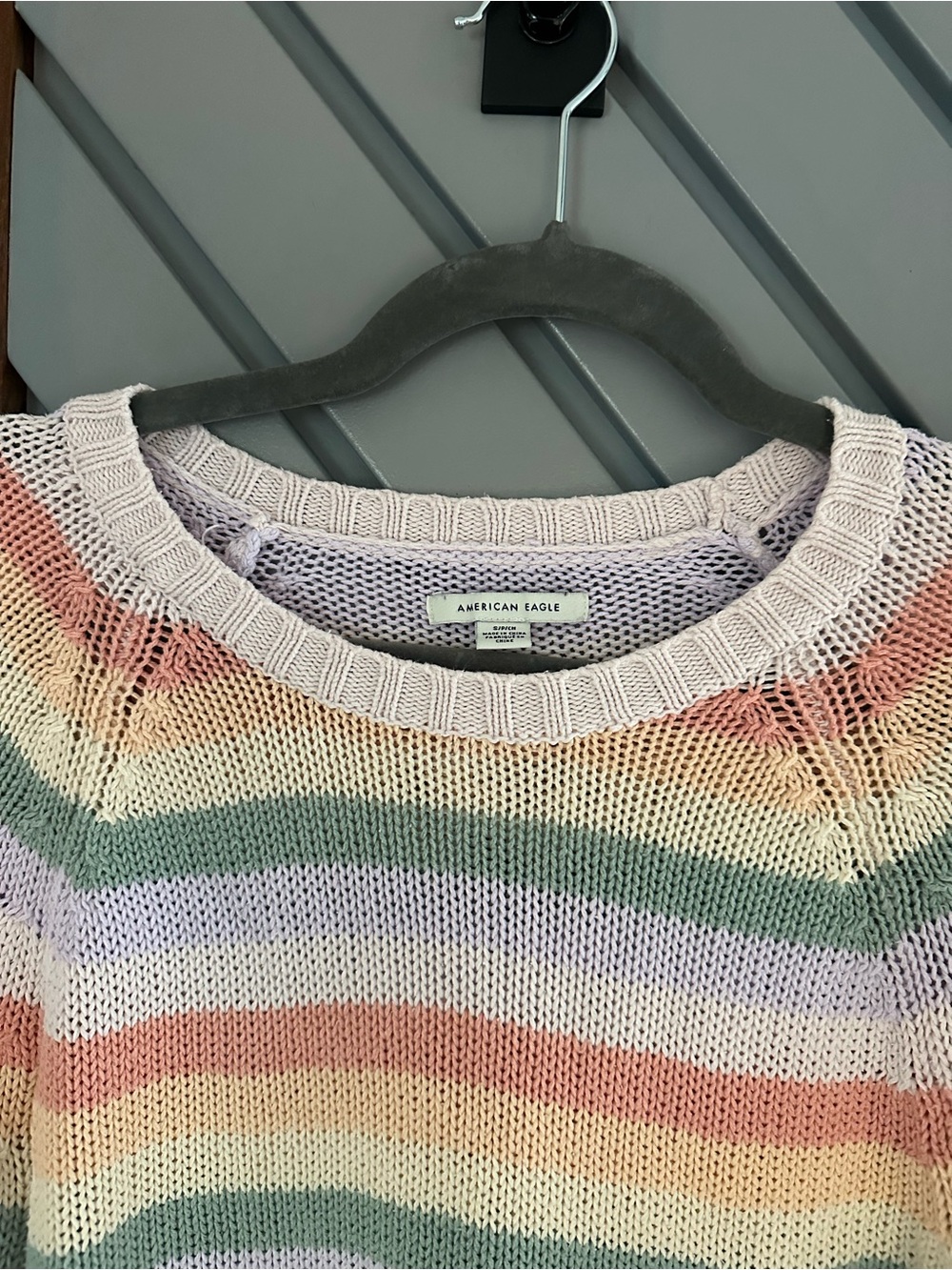American Eagle Outfitters Pastel Rainbow Striped Cropped Crewneck Sweater - Picture 2 of 2